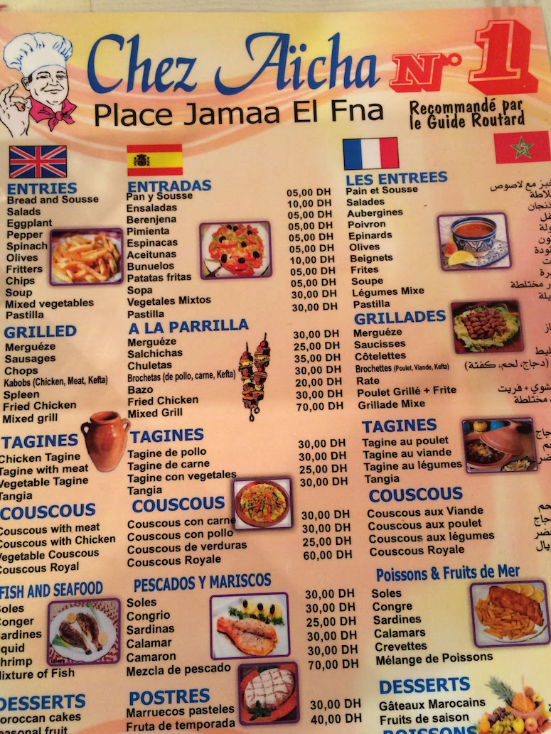 Menu from restaurant in Jemaa el Fna