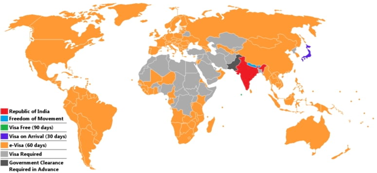 Citizens from countries in yellow can apply for an eVisa